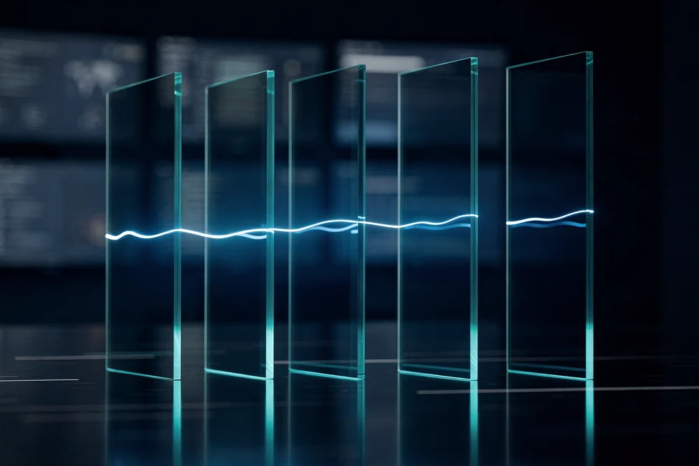 A single line of light running through a row of glass panels, connecting each stage