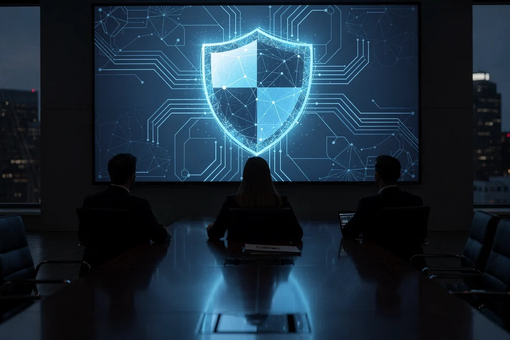A board reviewing a security shield on a large display in a dark boardroom